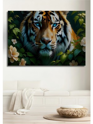Çiçek Bahçesinde Yağlı Boya Görünümlü Bengal Kaplanı Ev/işyeri/ofis/salon Ahşap Dekoratif Kare Tablo