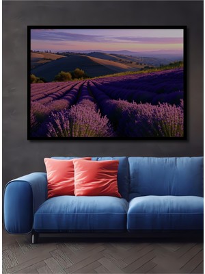 Çerçeve Görünümlü Mor Lavanta Tarlası Rüyası Yağlı Boya Görünümlü Dekoratif Ahşap Ofis Kare Tablo