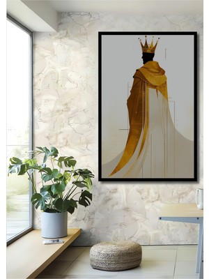 Çerçeve Görünümlü Altın Taçlı Hükümdar Yağlı Boya Görünümlü Işyeri/ofis Dekoratif Ahşap Kare Tablo