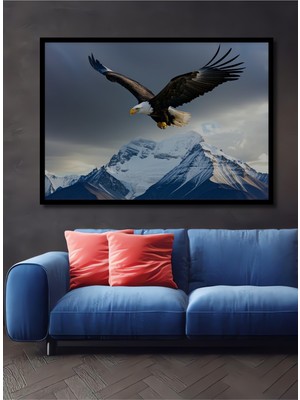 Çerçeve Görünümlü Heybetli Kartalın Dağ Uçuşu Yağlı Boya Görünümlü Dekoratif Ahşap Ofis Kare Tablo