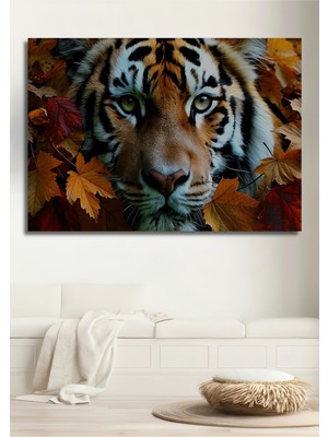 Sonbahar Yaprakları Arasında Kaplan Yağlı Boya Görünümlü Dekoratif Ahşap Ev/işyeri/ofis Kare Tablo