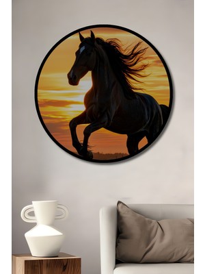 Çerçeve Görünümlü Gün Batımı Asaleti Yağlı Boya Görünümlü At Ofis Dekoratif Ahşap Yuvarlak Tablo