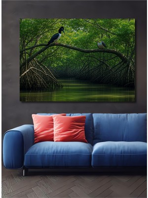 Mangrov Ormanında Kuşlar Pastel Boya Görünümlü Dekoratif Ahşap Ev/işyeri/ofis Kare Tablo