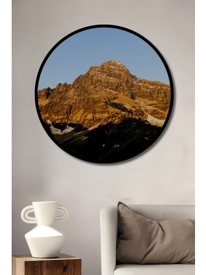 Çerçeve Görünümlü Altın Işıklarla Yüce Dağ Yağlı Boya Görünümlü Dekoratif Ahşap Ofis Yuvarlak Tablo