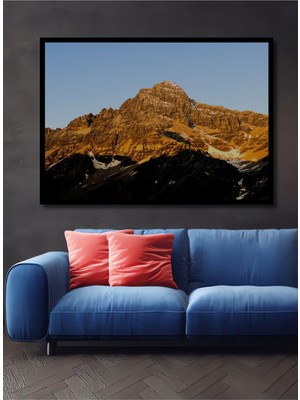 Çerçeve Görünümlü Altın Işıklarla Yüce Dağ Yağlı Boya Görünümlü Dekoratif Ahşap Ofis Kare Tablo