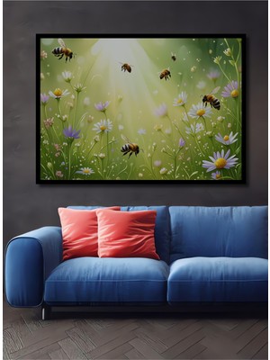 Çerçeve Görünümlü Bal Arıları ve Papatyalar Yağlı Boya Görünümlü Dekoratif Ahşap Ofis Kare Tablo