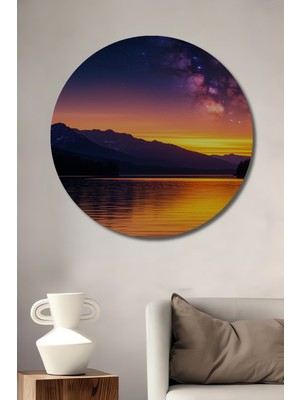 Gökyüzü Yıldızları Göl Manzarası Yağlı Boya Görünümlü Dekoratif Ahşap Ev/işyeri/ofis Yuvarlak Tablo
