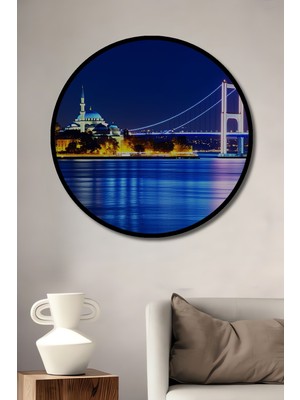 Çerçeve Görünümlü Istanbul Boğaz Köprüsü ve Cami Gece Manzarası Yağlı Boya Görünümlü Ofis Tablo