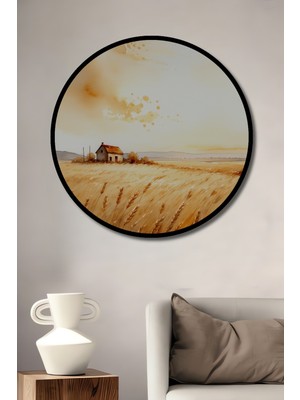 Çerçeve Görünümlü Altın Başaklar Sulu Boya Görünümlü Dekoratif Ahşap Ev/işyeri/ofis Yuvarlak Tablo