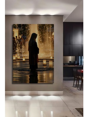 Huzurlu Vaha Altın Işıklar Yağlı Boya Görünümlü Dekoratif Ahşap Ev/işyeri/ofis Kare Tablo
