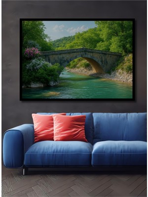 Çerçeve Görünümlü Taş Köprü ve Yeşil Nehir Yağlı Boya Görünümlü Ofis Dekoratif Ahşap Kare Tablo