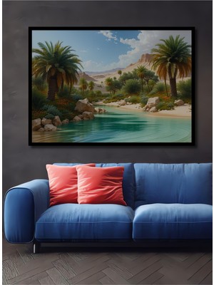 Çerçeve Görünümlü Tropikal Vaha Yağlı Boya Görünümlü Dekoratif Ahşap Ev/işyeri/ofis Kare Tablo