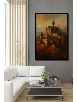 Çerçeve Görünümlü Sonbahar Rüyası Yağlı Boya Görünümlü Şato Işyeri/ofis Dekoratif Ahşap Kare Tablo