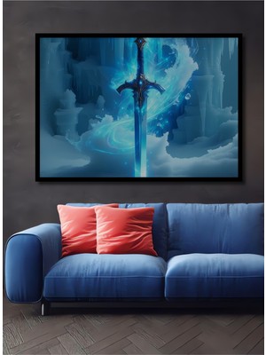 Çerçeve Görünümlü Buz Diyarı Efsanevi Kılıç Yağlı Boya Görünümlü Ofis Dekoratif Ahşap Kare Tablo
