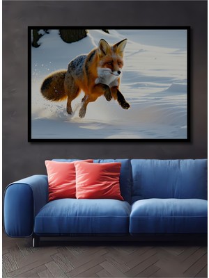 Çerçeve Görünümlü Karda Dans Eden Tilki Yağlı Boya Görünümlü Dekoratif Ahşap Işyeri/ofis Kare Tablo