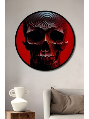 Çerçeve Görünümlü Kırmızı Zeminli Modern Sanat Kafatası Dekoratif Ahşap Işyeri/ofis Yuvarlak Tablo