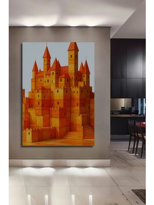 Turuncu Masalsı Kale Yağlı Boya Görünümlü Dekoratif Ahşap Ev/işyeri/ofis Kare Tablo
