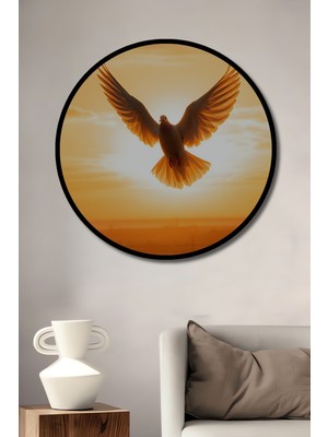 Çerçeve Görünümlü Gün Batımında Uçan Güvercin Yağlı Boya Görünümlü Ahşap Ofis Yuvarlak Tablo