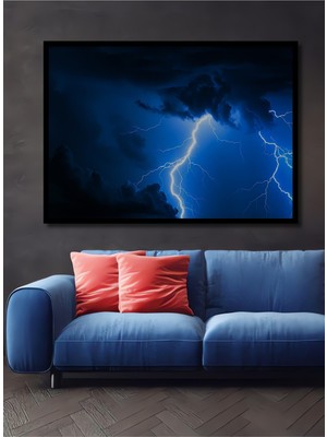 Çerçeve Görünümlü Elektrik Mavisi Fırtına Yağlı Boya Görünümlü Dekoratif Ahşap Ofis Kare Tablo