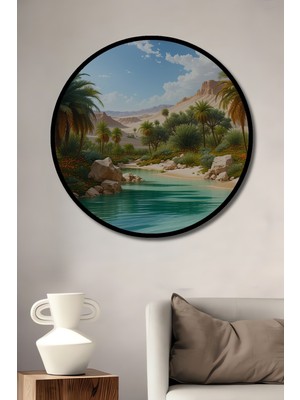 Çerçeve Görünümlü Tropikal Vaha Yağlı Boya Görünümlü Dekoratif Ahşap Ev/işyeri/ofis Yuvarlak Tablo