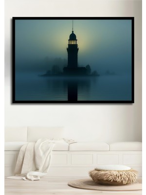 Çerçeve Görünümlü Sisli Deniz Feneri Yağlı Boya Görünümlü Dekoratif Ahşap Ev/işyeri/ofis Kare Tablo