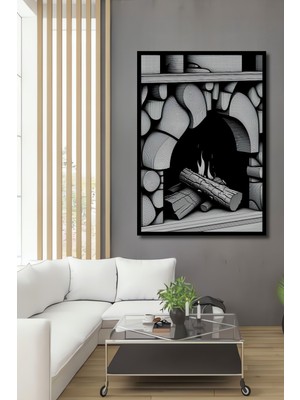 Çerçeve Görünümlü Kara Kalem Şömine Başı Odun Ateşi Ev/işyeri/ofis Dekoratif Ahşap Kare Tablosu