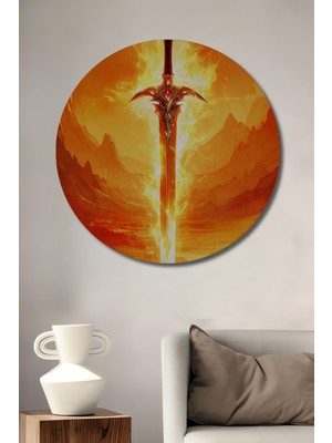 Alev Kılıç Efsanesi Yağlı Boya Görünümlü Dekoratif Ahşap Ev/işyeri/ofis Yuvarlak Tablo