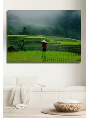Asya Pirinç Tarlaları Yağlı Boya Görünümlü Dekoratif Ahşap Ev/işyeri/ofis Kare Tablo