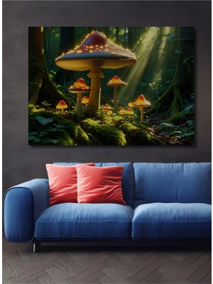 Büyülü Mantar Ormanı Yağlı Boya Görünümlü Dekoratif Ahşap Ev/işyeri/ofis Kare Tablo