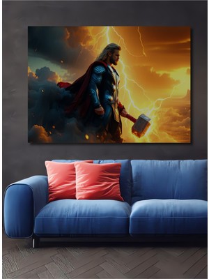 Thor Fırtına Tanrısı Yağlı Boya Görünümlü Dekoratif Ahşap Ev/işyeri/ofis Kare Tablo