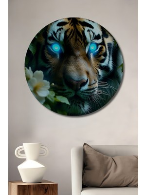 Neon Gözlü Kaplan Yağlı Boya Görünümlü Ev/işyeri/ofis Dekoratif Ahşap Yuvarlak Tablo