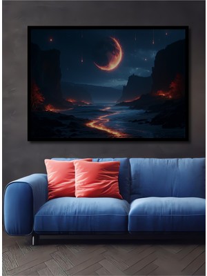 Çerçeve Görünümlü Alev Ay Gökyüzü Yağlı Boya Görünümlü Dekoratif Ahşap Ev/işyeri/ofis Kare Tablo