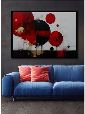 Çerçeve Görünümlü Kırmızı Siyah Daireler Modern Sanat Yağlı Boya Görünümlü Ahşap Ofis Kare Tablo