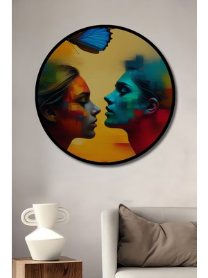 Çerçeve Görünümlü Kelebek Aşkı Yağlı Boya Görünümlü Dekoratif Ahşap Dekoratif Ofis Yuvarlak Tablo