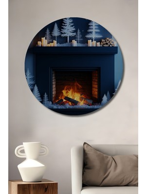 Noel Ağaçları ve Şömine Yağlı Boya Görünümlü Ev/işyeri/ofis Dekoratif Ahşap Yuvarlak Tablo