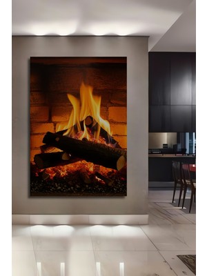 Şömine Ateşi Yağlı Boya Görünümlü Dekoratif Ahşap Ev/işyeri/ofis Kare Tablo