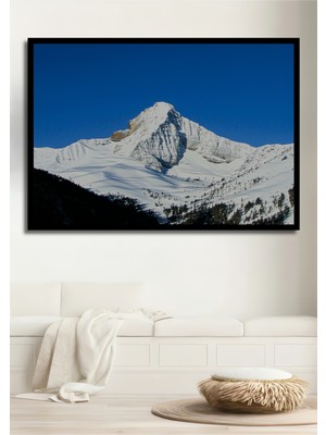 Çerçeve Görünümlü Bembeyaz Dağ Zirvesi Yağlı Boya Görünümlü Dekoratif Ahşap Işyeri/ofis Kare Tablo