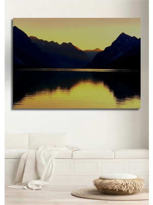 Altın Yansıma Dağ Manzarası Yağlı Boya Görünümlü Dekoratif Ahşap Ev/işyeri/ofis Kare Tablo