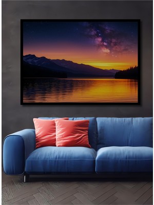 Çerçeve Görünümlü Gökyüzü Yıldızları Göl Manzarası Yağlı Boya Görünümlü Ahşap Ofis Kare Tablo
