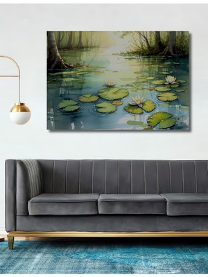 Sulu Boya Görünümlü Nilüfer Çiçekleri Göl Manzarası Dekoratif Ahşap Ev/işyeri/ofis Kare Tablo