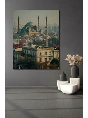 Sultanahmet Camii Yağlı Boya Görünümlü Istanbul Silüeti Dekoratif Ahşap Ev/işyeri/ofis Kare Tablo