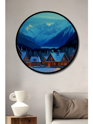 Çerçeve Görünümlü Kış Masalı Köyü Yağlı Boya Görünümlü Dekoratif Ahşap Işyeri/ofis Yuvarlak Tablo