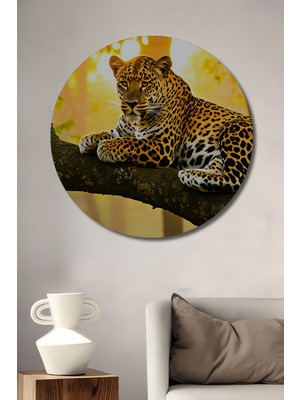 Ağaç Dalında Yağlı Boya Görünümlü Leopar Ev/işyeri/ofis Dekoratif Ahşap Yuvarlak Tablo