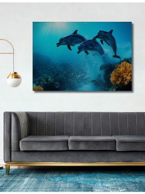 Denizaltı Dünyası Yunuslar Yağlı Boya Görünümlü Dekoratif Ahşap Ev/işyeri/ofis Kare Tablo