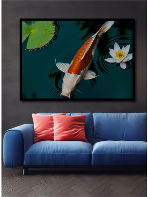 Çerçeve Görünümlü Koi Balığı ve Nilüfer Çiçeği Yağlı Boya Görünümlü Ofis Dekoratif Ahşap Kare Tablo