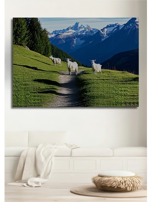 Dağ Manzaralı Koyunlar Yağlı Boya Görünümlü Dekoratif Ahşap Ev/işyeri/ofis Kare Tablo