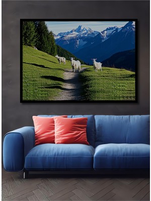 Çerçeve Görünümlü Dağ Manzaralı Koyunlar Yağlı Boya Görünümlü Dekoratif Ahşap Ofis Kare Tablo