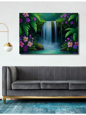 Tropikal Cennet Şelalesi Yağlı Boya Görünümlü Dekoratif Ahşap Ev/işyeri/ofis Kare Tablo