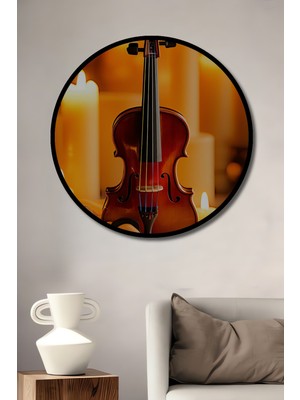 Çerçeve Görünümlü Mum Işığında Keman Romantizmi Yağlı Boya Görünümlü Ahşap Ofis Yuvarlak Tablo