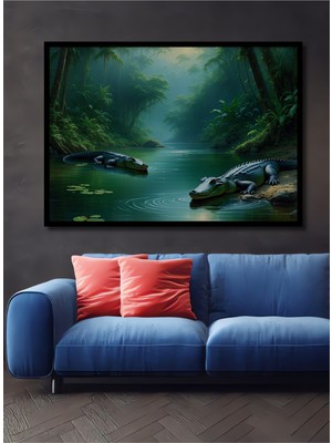 Çerçeve Görünümlü Tropikal Ormanda Timsahlar Yağlı Boya Görünümlü Dekoratif Ahşap Ofis Kare Tablo